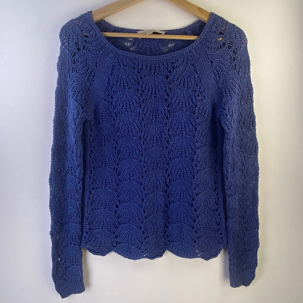 LOFT Sweater Womens XS Blue Crochet Knit Pointelle Scallop Hem Coastal Preppy